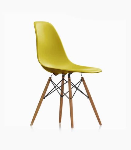 A yellow chair with wooden legs and black trim.