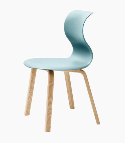A blue chair with wooden legs on top of it.